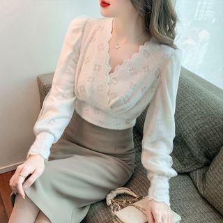 Long-sleeve V-neck Mesh Panel Lace Top