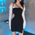 Cut-out Slit Suspender Skirt / V-neck Long-sleeve Top