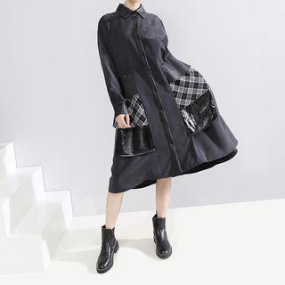 Long-sleeve Plaid Panel Midi Shirtdress