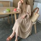 Long-sleeve Plain Midi A-line Dress Light Brown - One Size