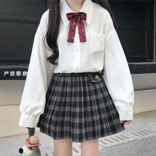 Ribbon Tie-neck Shirt / Plaid Pleated Mini A-line Skirt