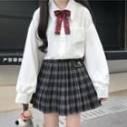 Ribbon Tie-neck Shirt / Plaid Pleated Mini A-line Skirt