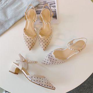 Dotted Mesh Faux Pearl Ankle Strap Block Heel Sandals