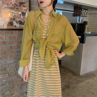 Long-sleeve Sheer Shirt / Spaghetti Strap Striped Midi Dress