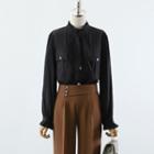 Puff-sleeve Bow Blouse / Asymmetrical Straight Leg Pants