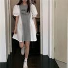 Puff-sleeve Lettering Print Mini A-line Dress White & Gray - One Size