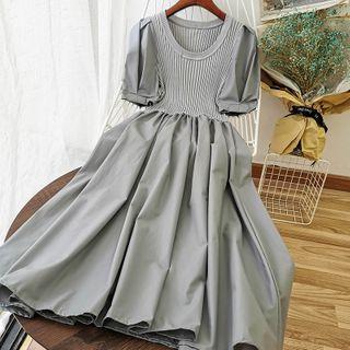 Short-sleeve Knit Panel Midi A-line Dress
