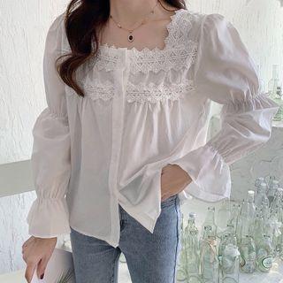 Long-sleeve Lace Trim Square-neck Blouse