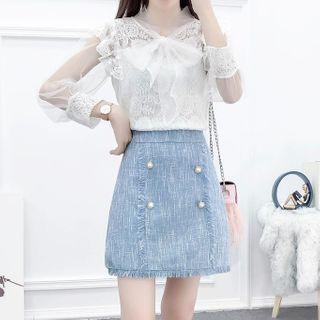 Set: Lace Blouse + Faux Pearl A-line Denim Skirt