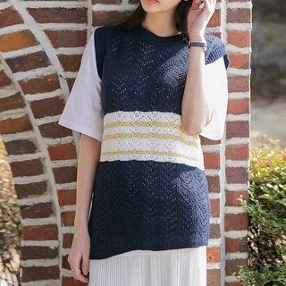 Sleeveless Color-block Pointelle-knit Top