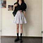 V-neck Puff-sleeve Cropped Blouse / Tiered Mini A-line Skirt
