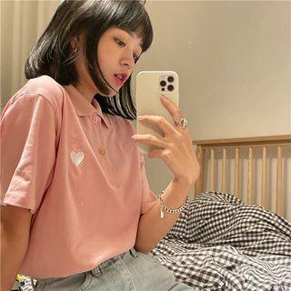 Short-sleeve Polo Neck Heart Embroidered T-shirt
