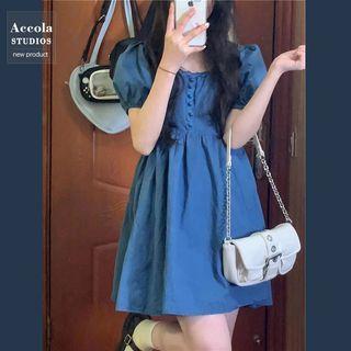 Puff-sleeve Lace Trim Mini Smock Dress