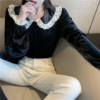 Long-sleeve Collared Velvet Top Black - One Size