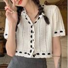 Short-sleeve Button-up Pointelle Knit Top / Mini Pencil Skirt