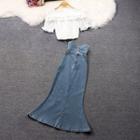 Short-sleeve Ruffled Top / Denim Midi Mermaid Skirt / Set