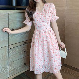 Short Sleeve V-neck Heart Print Chiffon Dress