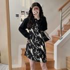 Mock Two-piece Long-sleeve Print Mini A-line Dress