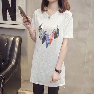 Short-sleeve V-neck Feather Print T-shirt