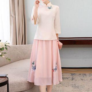 Set: Flower Embroidered Flared-sleeve Cheongsam + Midi A-line Skirt