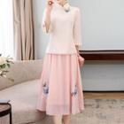 Set: Flower Embroidered Flared-sleeve Cheongsam + Midi A-line Skirt