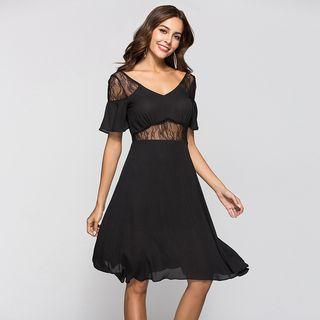 V-neck Short-sleeve Lace Panel A-line Dress