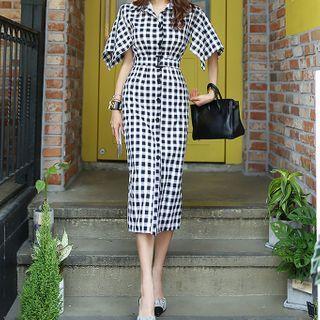 Short-sleeve Plaid Sheath Shirt Dress