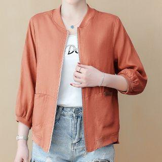Plain Loose Fit Linen Baseball Jacket