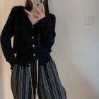 V-neck Cardigan / Striped Wide Leg Pants