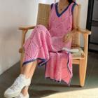 Contrast Trim Slit-hem Pointelle Knit Midi Dress Pink - One Size