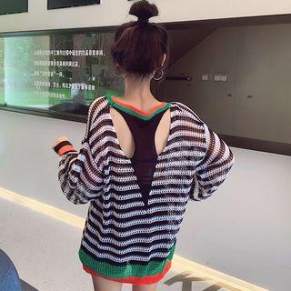 Open Back Striped Pointelle Knit Sweater Stripes - Black & White - One Size