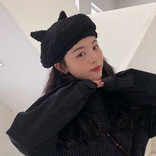 Cat Ear Shearling Beret Hat Black - M