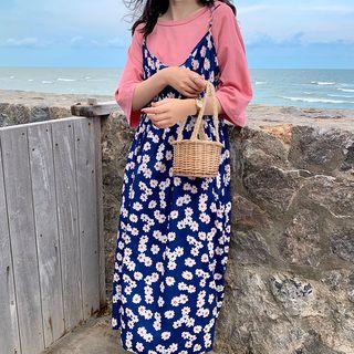 3/4-sleeve T-shirt / Spaghetti Strap Floral A-line Midi Dress