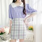 Set: Contrast Trim Elbow-sleeve Blouse + Plaid Mini Straight-fit Skirt