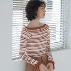 Long-sleeve Striped Knit Top Stripe - Coffee - One Size