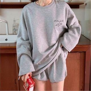 Set: Round-neck Letter Print Pullover + Band-waist Shorts