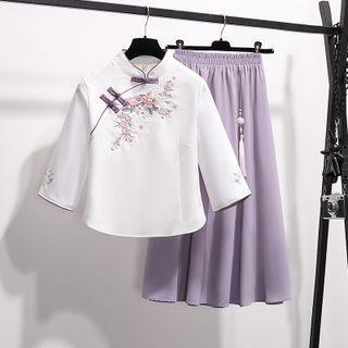 3/4-sleeve Floral Embroidered Frog-buttoned Top / Midi A-line Skirt