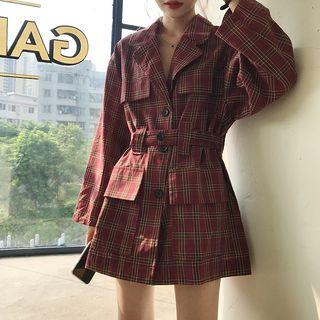Long-sleeve Plaid Tie-waist Mini Shirtdress Red - One Size