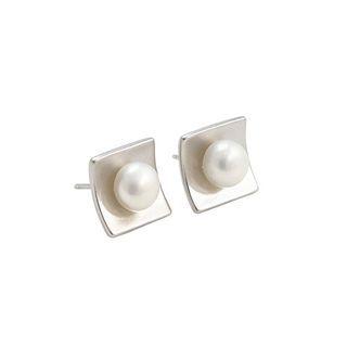 Sterling Silver Fashion Simple Geometric Square Freshwater Pearl Stud Earrings Silver - One Size