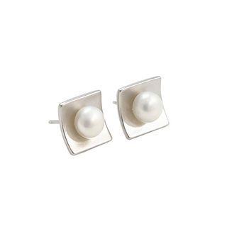 Sterling Silver Fashion Simple Geometric Square Freshwater Pearl Stud Earrings Silver - One Size
