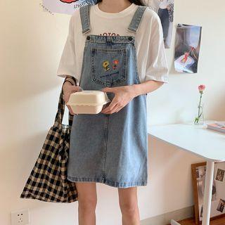 Floral Embroidered Mini Denim Overall Dress