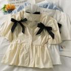 Ribbon-accent Puff-sleeve V-neck Shirt