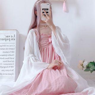Sleeveless Midi A-line Dress / Bell-sleeve Light Jacket