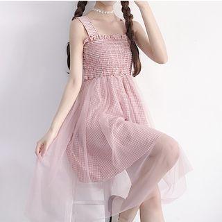 Mesh Panel Gingham Sleeveless Smocked Dress