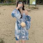 Puff-sleeve Tie Dye Mini Dress Tie Dye - Blue & White - One Size