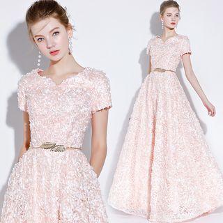 Short Sleeve Frayed Evening Gown