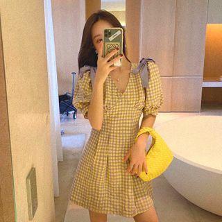 Gingham Puff-sleeve Bow Mini A-line Dress