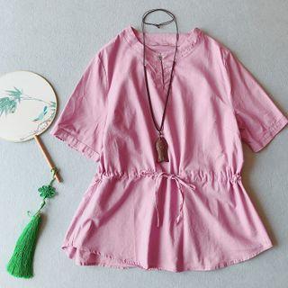 Elbow-sleeve Drawstring-waist Linen Blouse