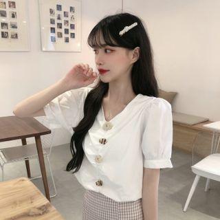 Button Accent Short Sleeve V-neck Blouse