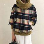 Cowl Neck Plaid 3/4-sleeve Pullover As Shown In Figure - One Size